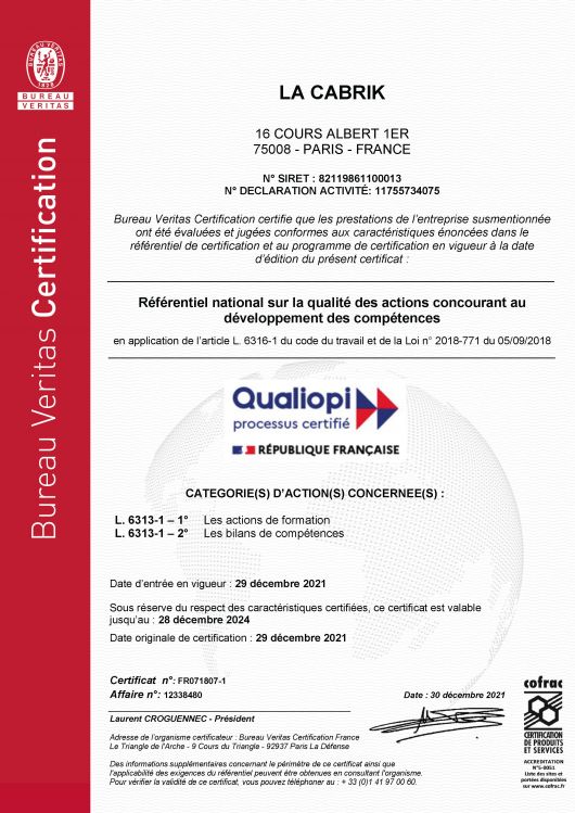 La Cabrik - Certification Qualiopi - Bureau Veritas - 